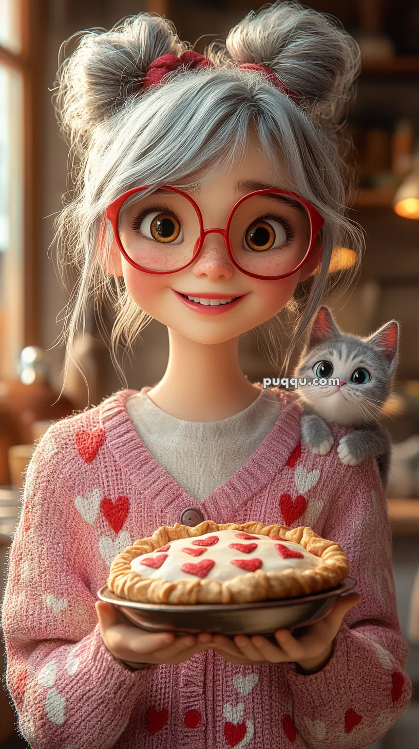 A smiling animated character with glasses, gray hair in buns, and a pink heart-patterned sweater holds a heart-decorated pie, with a small gray kitten on her shoulder.