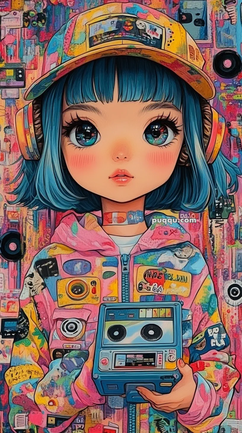 Anime-style character with blue hair and large eyes, wearing colorful headphones and a cap. The character holds a retro cassette player, standing against a vibrant, graffiti-like background.