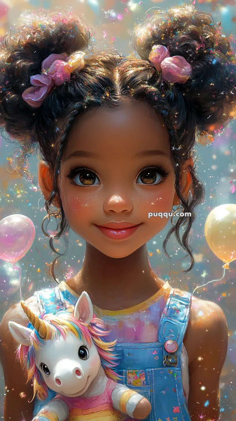 A fantasy illustration of a young girl with sparkly hair styled in buns, holding a plush unicorn toy, surrounded by colorful balloons.