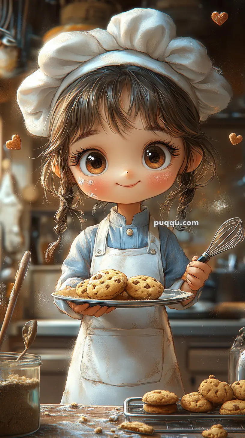 A cute animated character wearing a chef's hat and apron, holding a tray of cookies in a cozy kitchen setting.