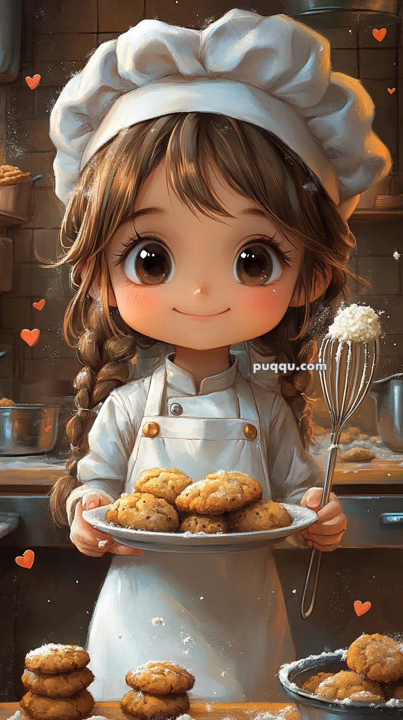 Cute cartoon character in a chef outfit holding a tray of cookies, with hearts around.