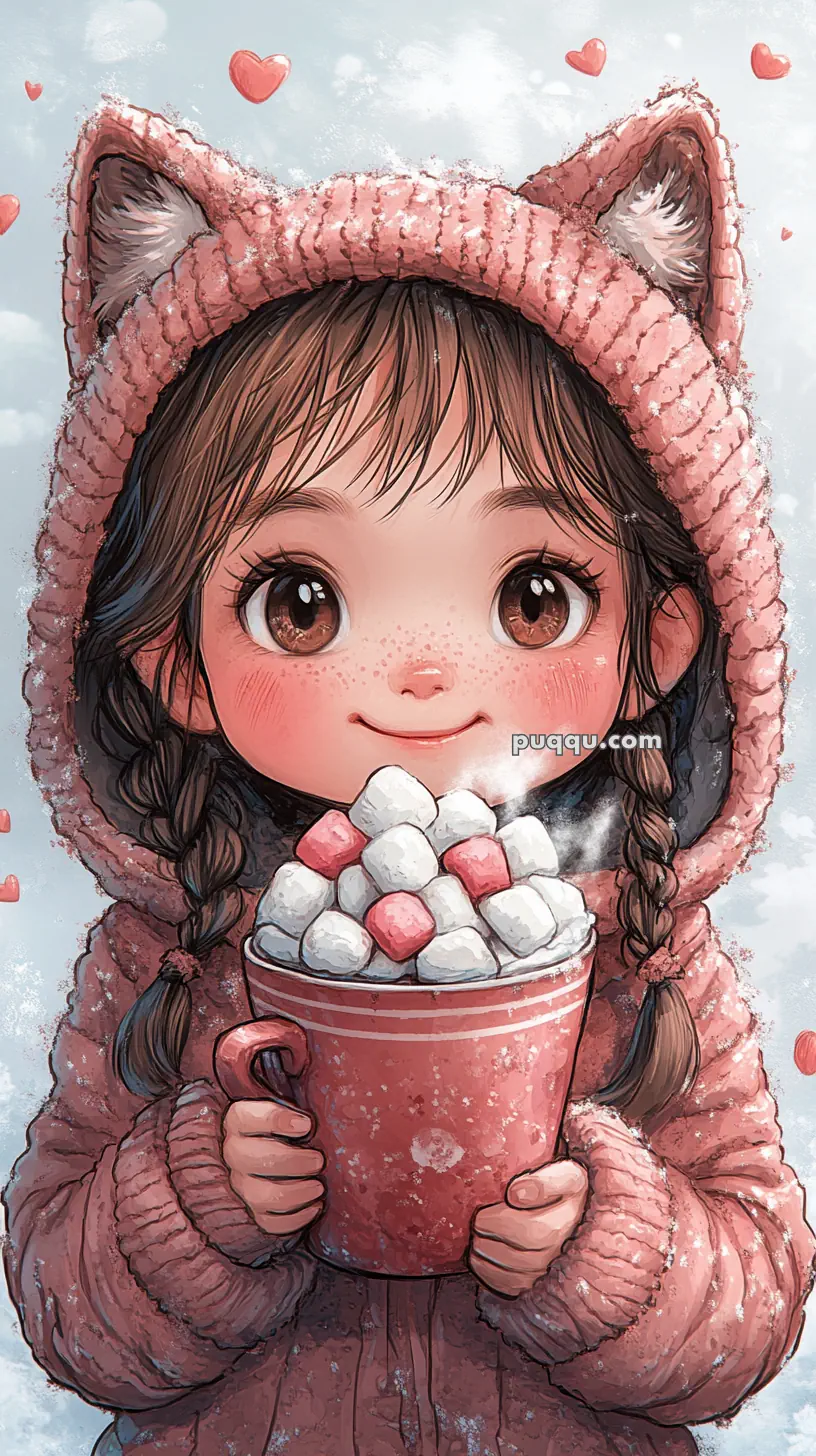 Illustration of a child with braided hair, wearing a pink hood with cat ears, holding a red mug of marshmallows with hearts floating around.