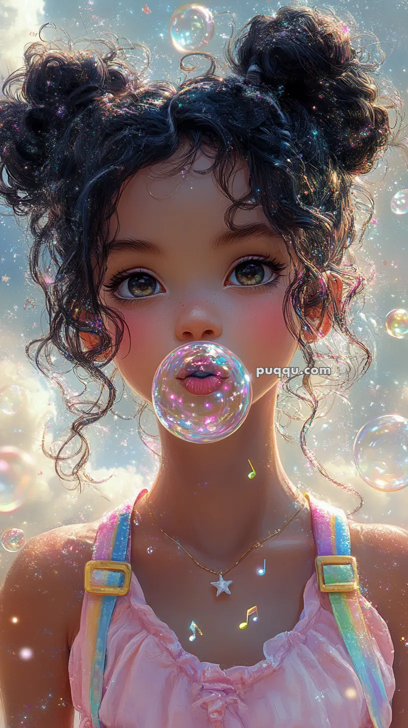 A digital artwork of a young girl with curly hair styled in buns, blowing a bubble gum bubble, surrounded by colorful bubbles and sparkles. She is wearing pastel-colored clothing and a star necklace.