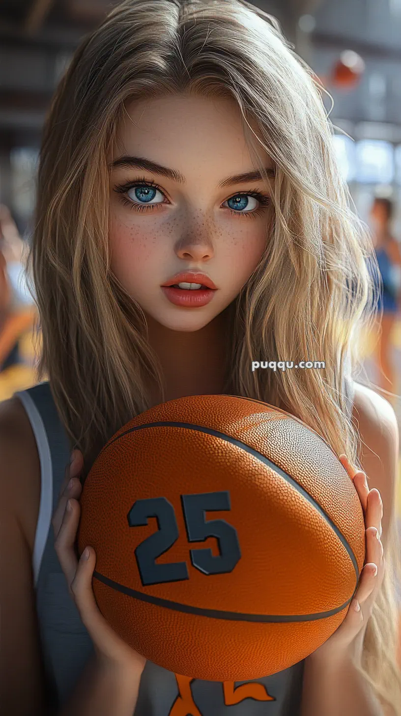 Illustrated girl with long hair holding a basketball with the number 25.