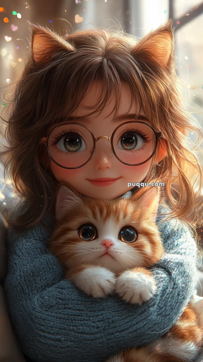 A digital artwork of a girl with cat ears and glasses cuddling a fluffy orange and white kitten.