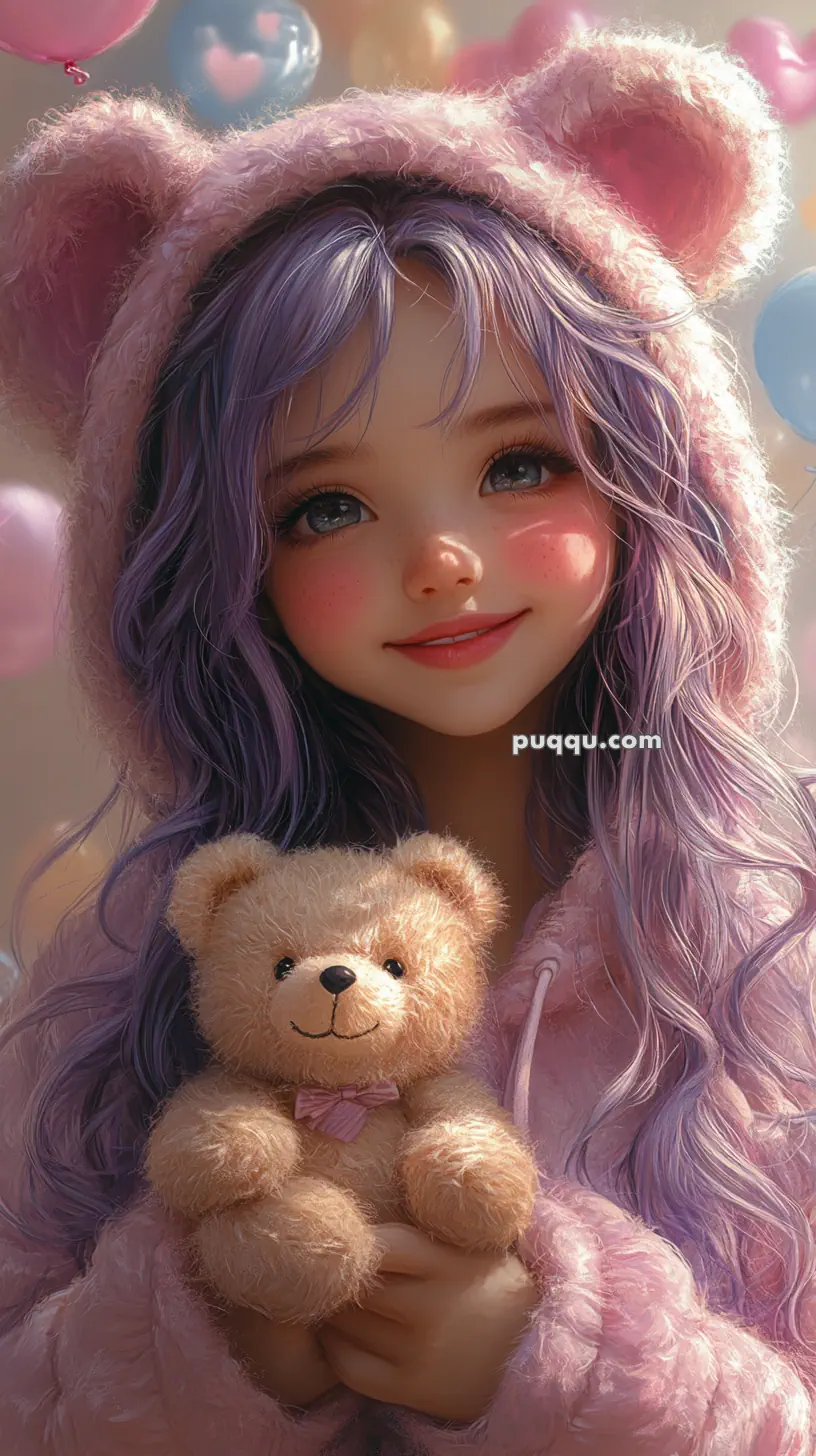 A cute character with purple hair and bear hoodie holding a teddy bear, surrounded by colorful balloons.