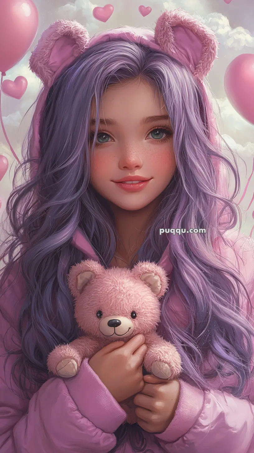 A girl with long purple hair and a pink hoodie with bear ears, holding a pink teddy bear. Background features pink heart-shaped balloons.