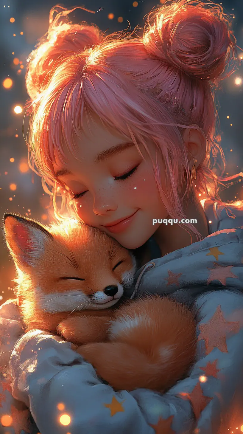 A girl with pink hair warmly embraces a sleeping fox, both appearing content, in a softly lit, whimsical setting.