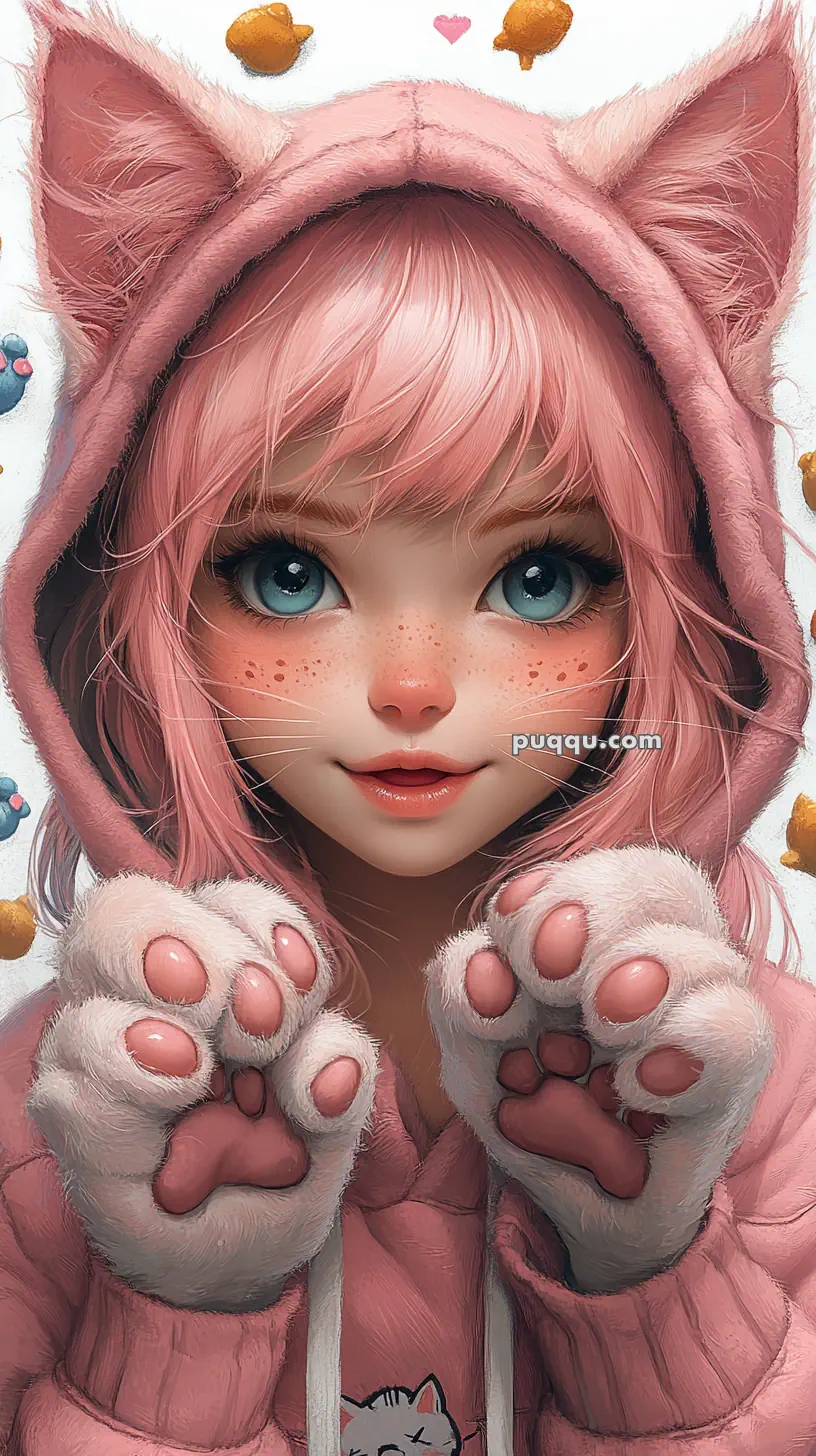 Anime-style girl with pink hair wearing a cat-ear hoodie and furry paw gloves.