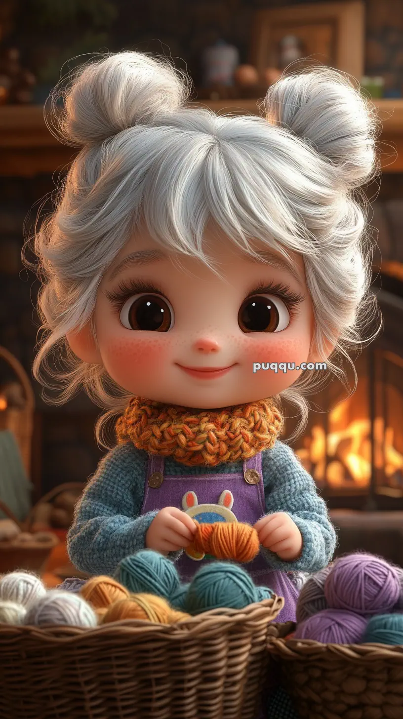 A cute animated character with white hair styled in buns, wearing a cozy outfit and holding yarn, sitting by a fireplace with baskets of colorful yarn.