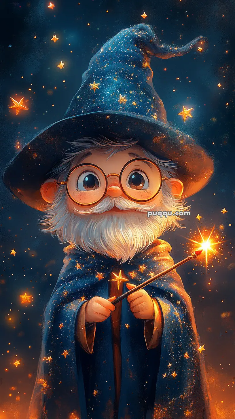 Cute animated wizard wearing a starry hat and robe, holding a glowing wand, surrounded by floating stars.