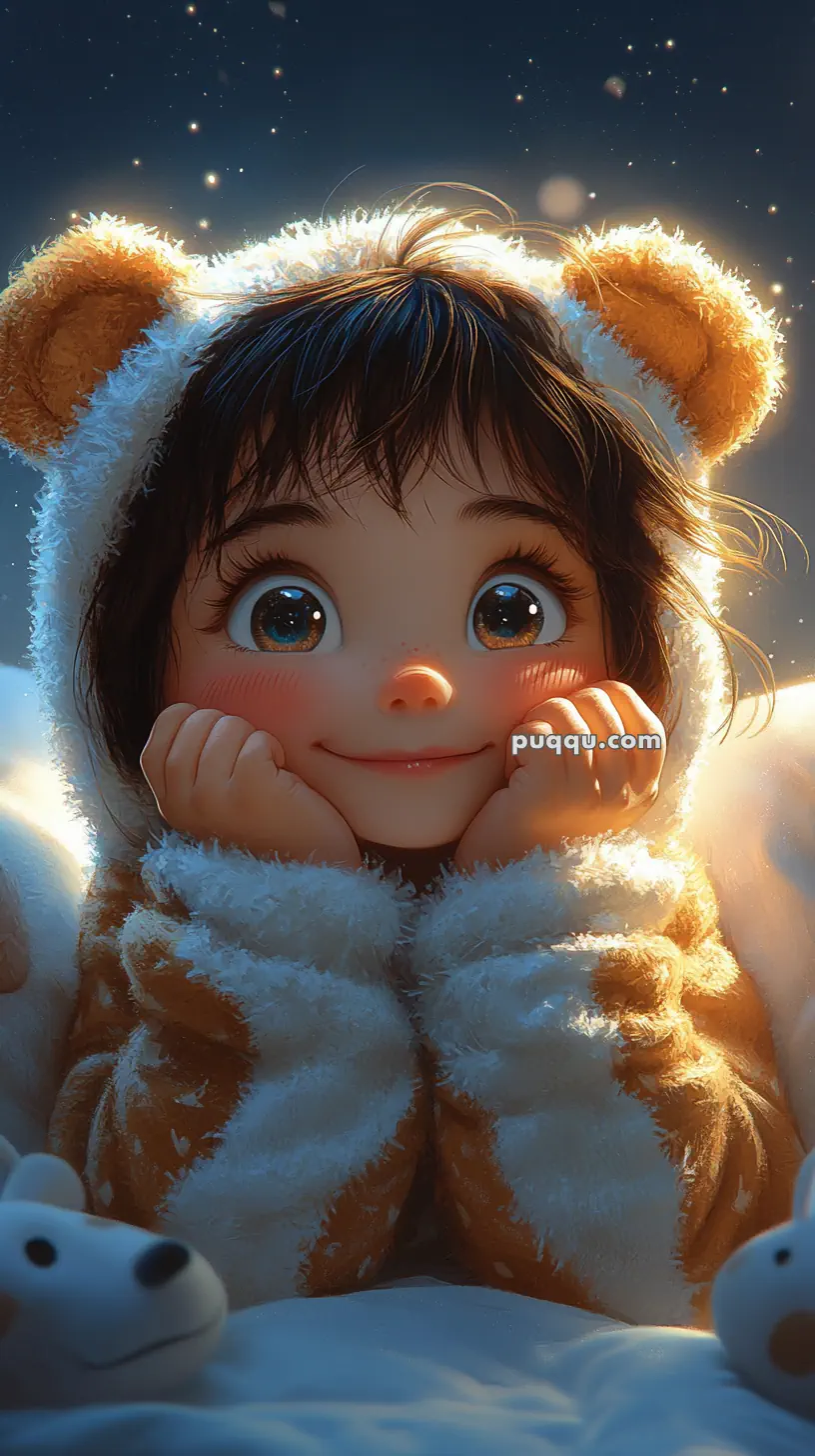 A close-up of an animated character with big eyes and fluffy brown bear-like ears, wearing a cozy outfit, smiling with a night sky background.