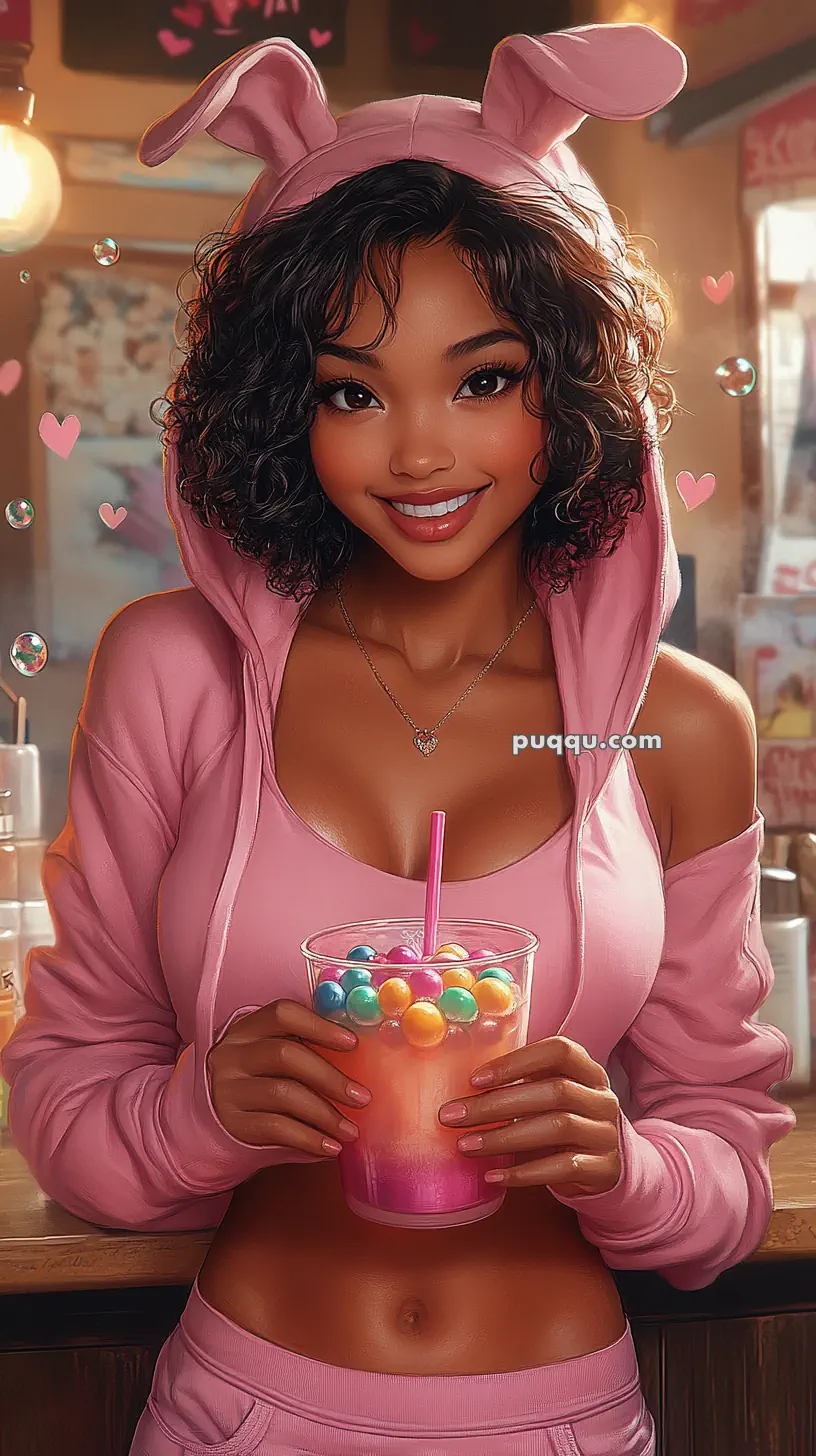 A woman wearing a pink bunny-eared hoodie and holding a colorful bubble tea drink, surrounded by heart shapes.