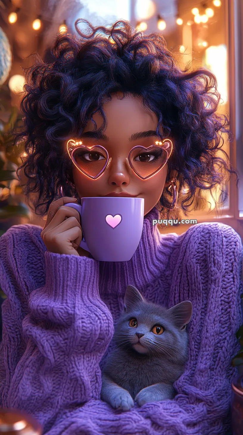 A person with curly hair wearing heart-shaped glasses holds a purple mug with a heart design, with a gray cat nestled in a purple sweater.