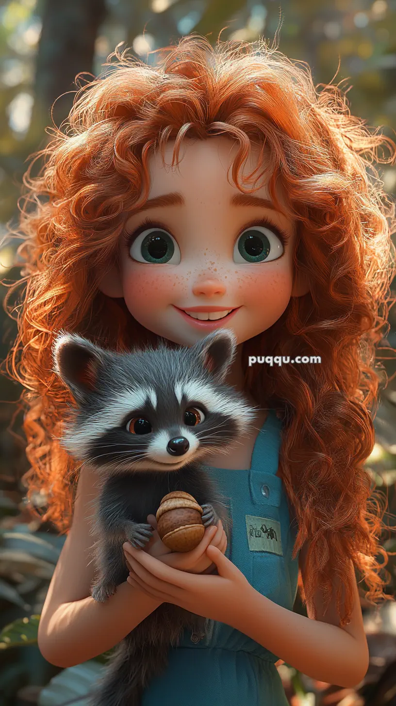 Animated girl with curly red hair holding a small raccoon.