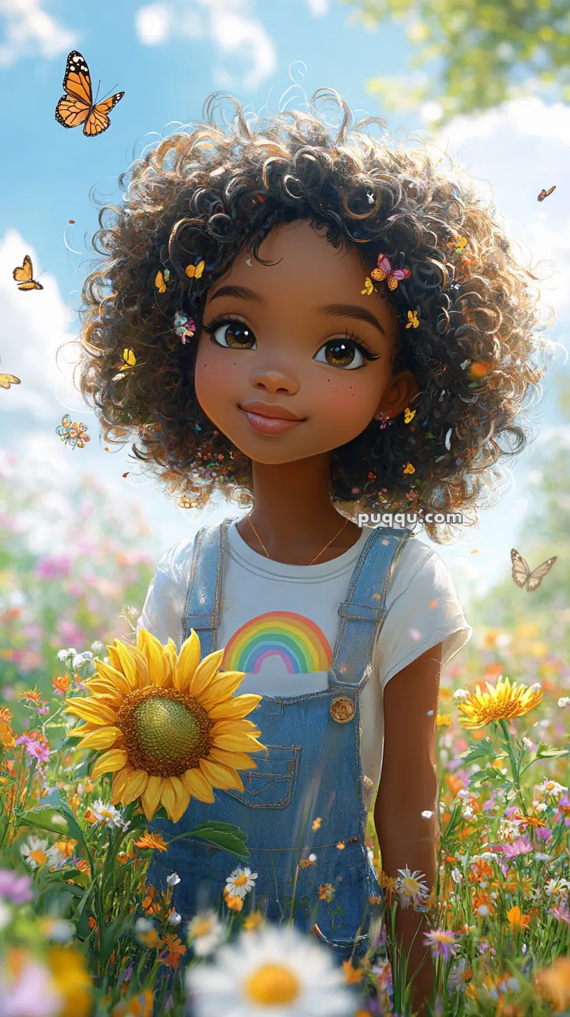 Animated character with curly hair and butterflies standing in a colorful flower field, wearing overalls with a rainbow shirt, and holding a sunflower.