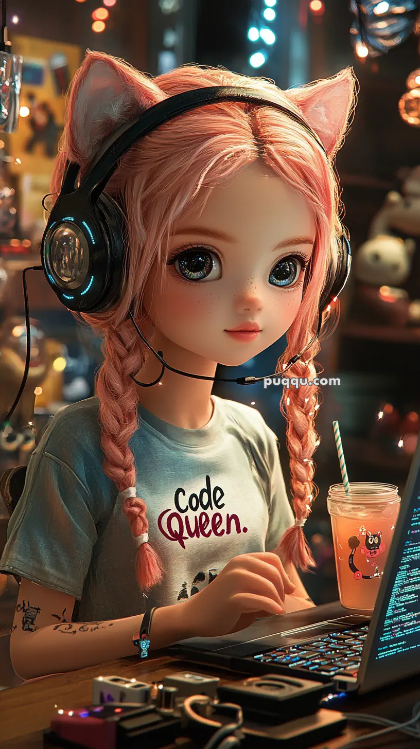 Anime-style character with pink hair in braids, wearing cat ear headphones and a "Code Queen" shirt, sitting at a computer in a cozy, tech-themed room with ambient lighting.