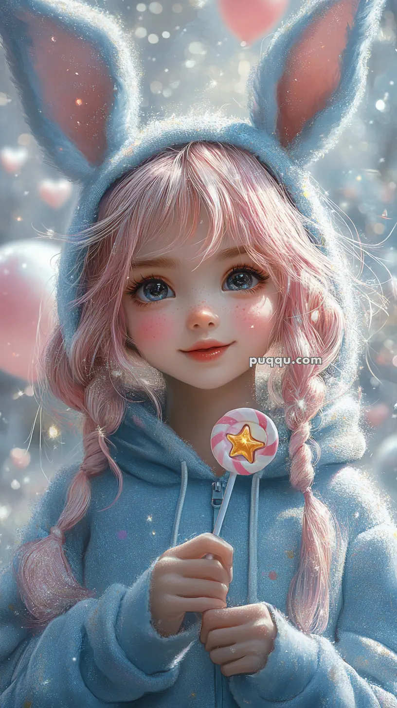 A young girl with pink hair in braids wears a blue bunny-eared hoodie, holding a swirled lollipop with a star in the center, surrounded by a whimsical, sparkly background.