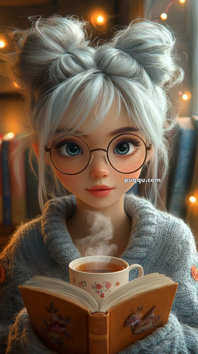 Animated character with glasses and gray hair in buns, holding a steaming cup and an open book, with warm, ambient lighting and blurred background.