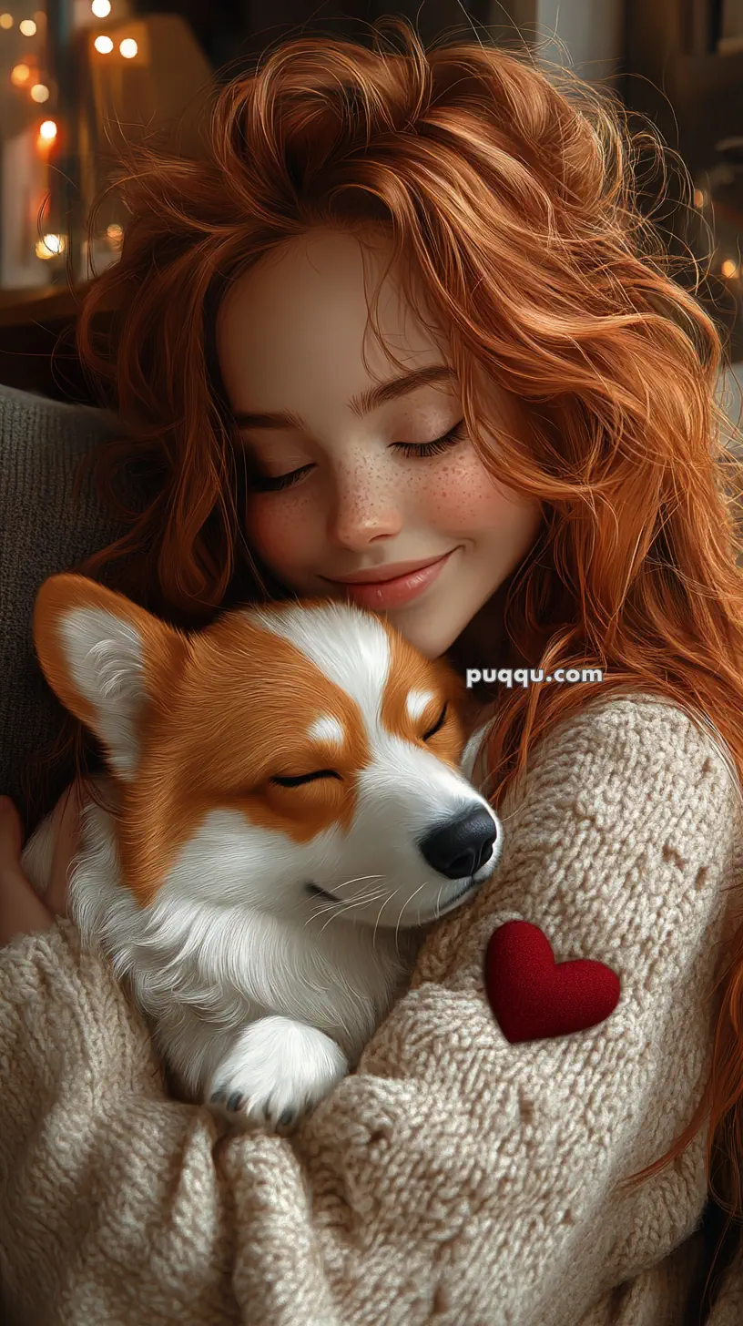 A young woman with red hair hugs a sleeping dog, both appear content and cozy with soft lighting and a small red heart patch on her sweater.