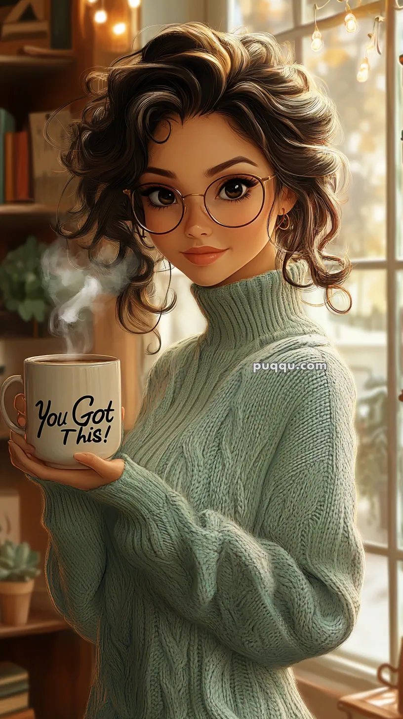 A person with glasses holds a mug that says "You Got This" in a cozy room with warm lighting.