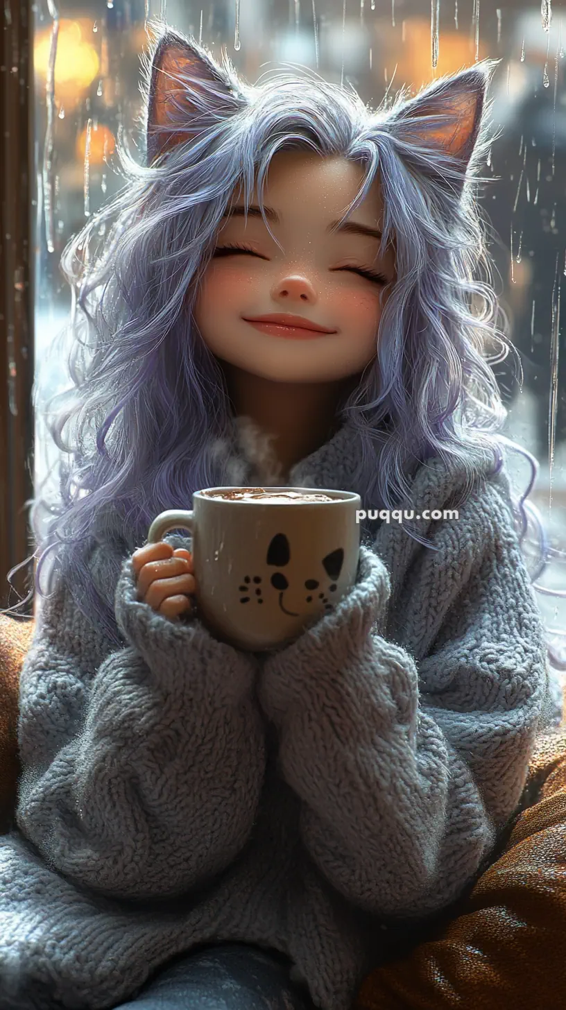 Anime-style character with cat ears and purple hair, holding a mug and smiling, wearing a cozy sweater with rain outside a window.