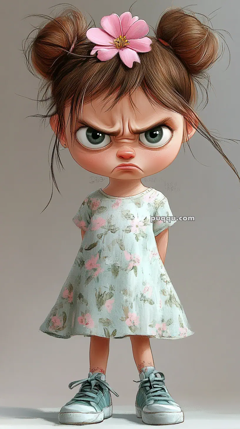 A cartoon girl with a grumpy expression, wearing a floral dress, sneakers, and a pink flower in her hair.