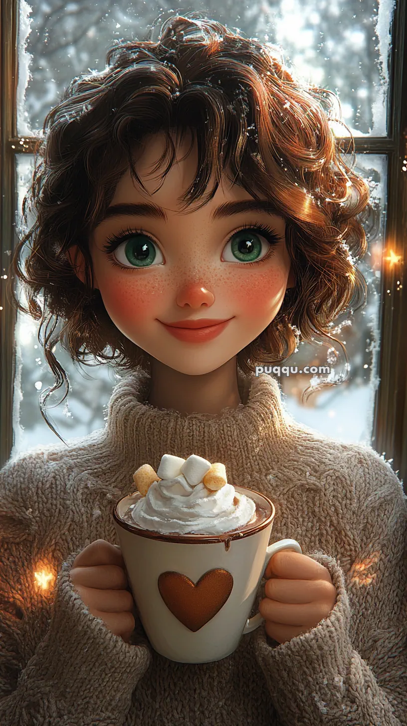 Animated character with curly hair holding a mug of hot chocolate topped with whipped cream and marshmallows, in front of a snowy window.