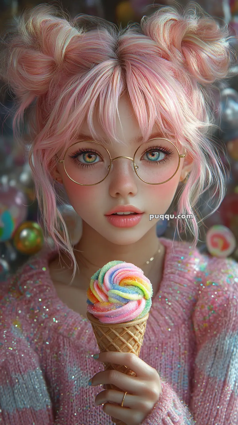 A digital artwork of a person with pink hair in buns, wearing glasses, and holding a colorful ice cream cone.