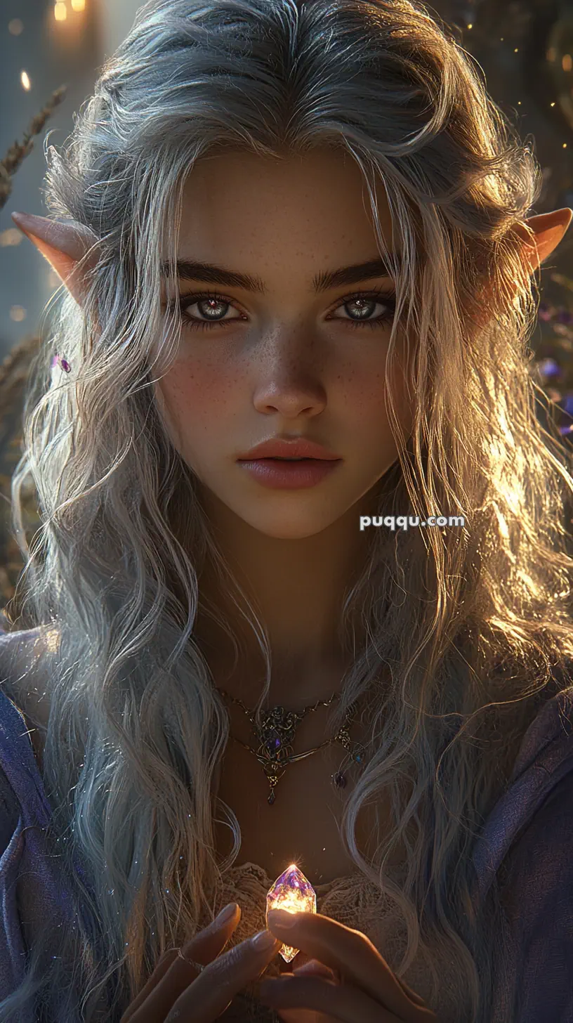 A fantasy elf-like character with long, wavy silver hair, pointed ears, and glowing eyes, holding a luminous crystal.