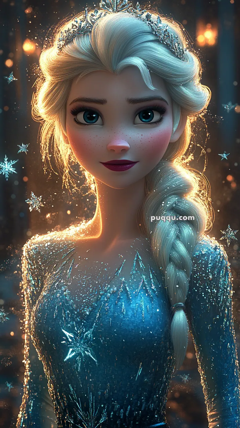 An animated character with long braided hair wearing a shimmering blue dress and a tiara, surrounded by glowing snowflakes.