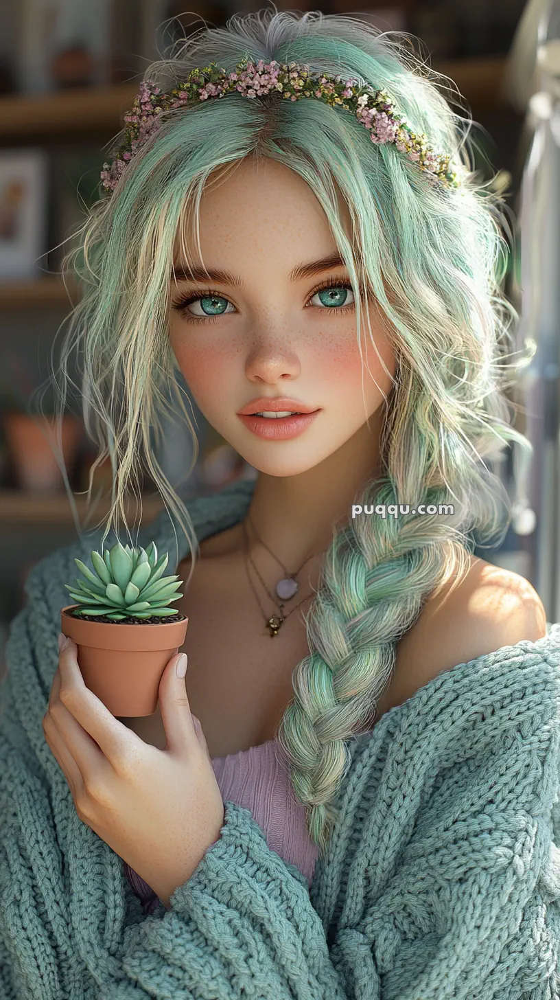 A digitally illustrated girl with braided aqua hair, wearing a floral crown, holds a small succulent in a pot. She is dressed in a knitted sweater.