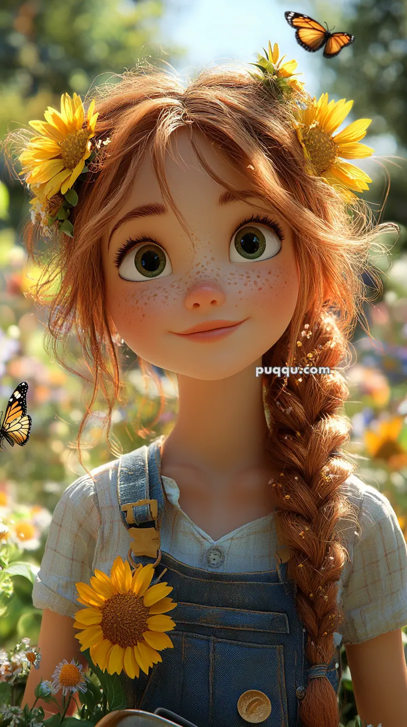 Animated girl with freckles and braided red hair, wearing a sunflower crown and denim overalls, surrounded by butterflies and flowers.