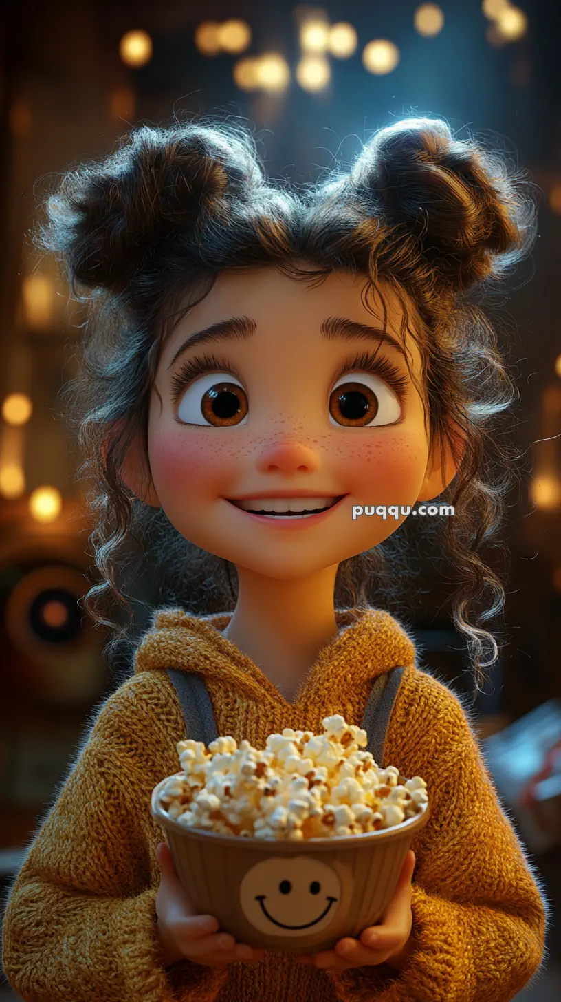 A cute animated girl with curly hair tied in two buns, wearing a yellow sweater, holding a bowl of popcorn with a smiley face.