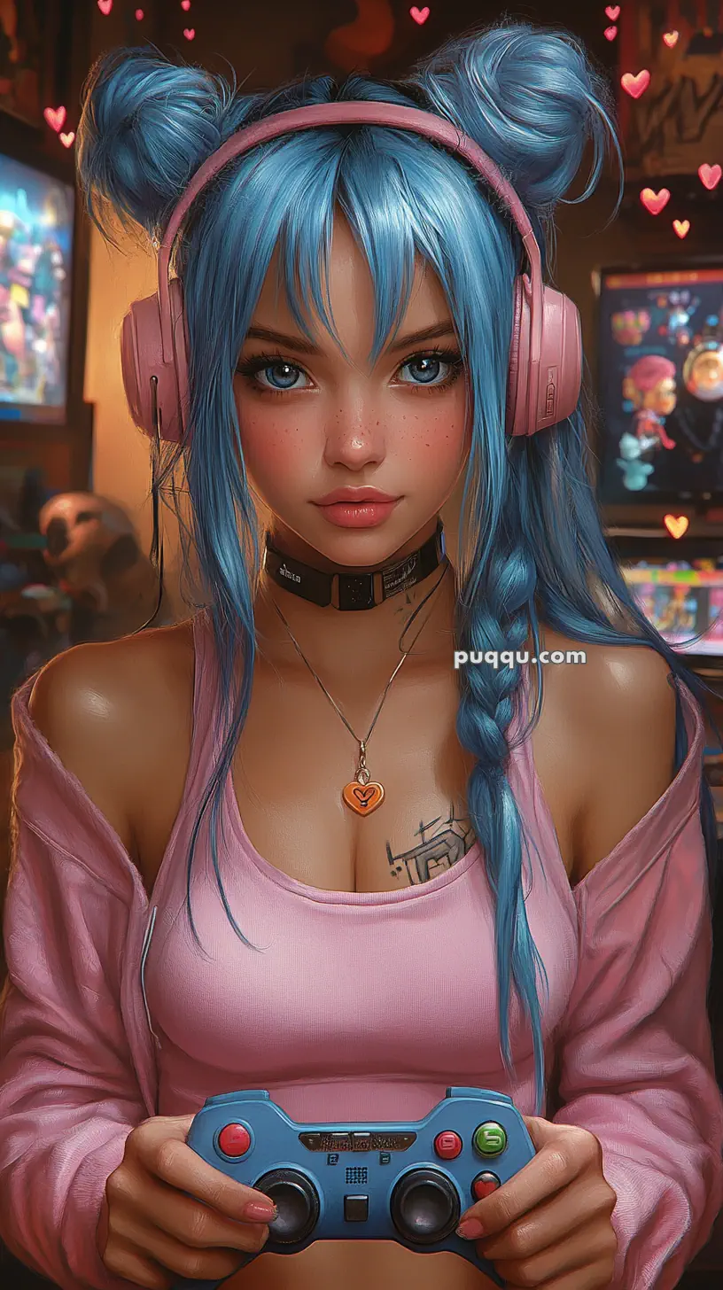 Anime-style character with blue hair, wearing headphones and holding a game controller, surrounded by heart icons.