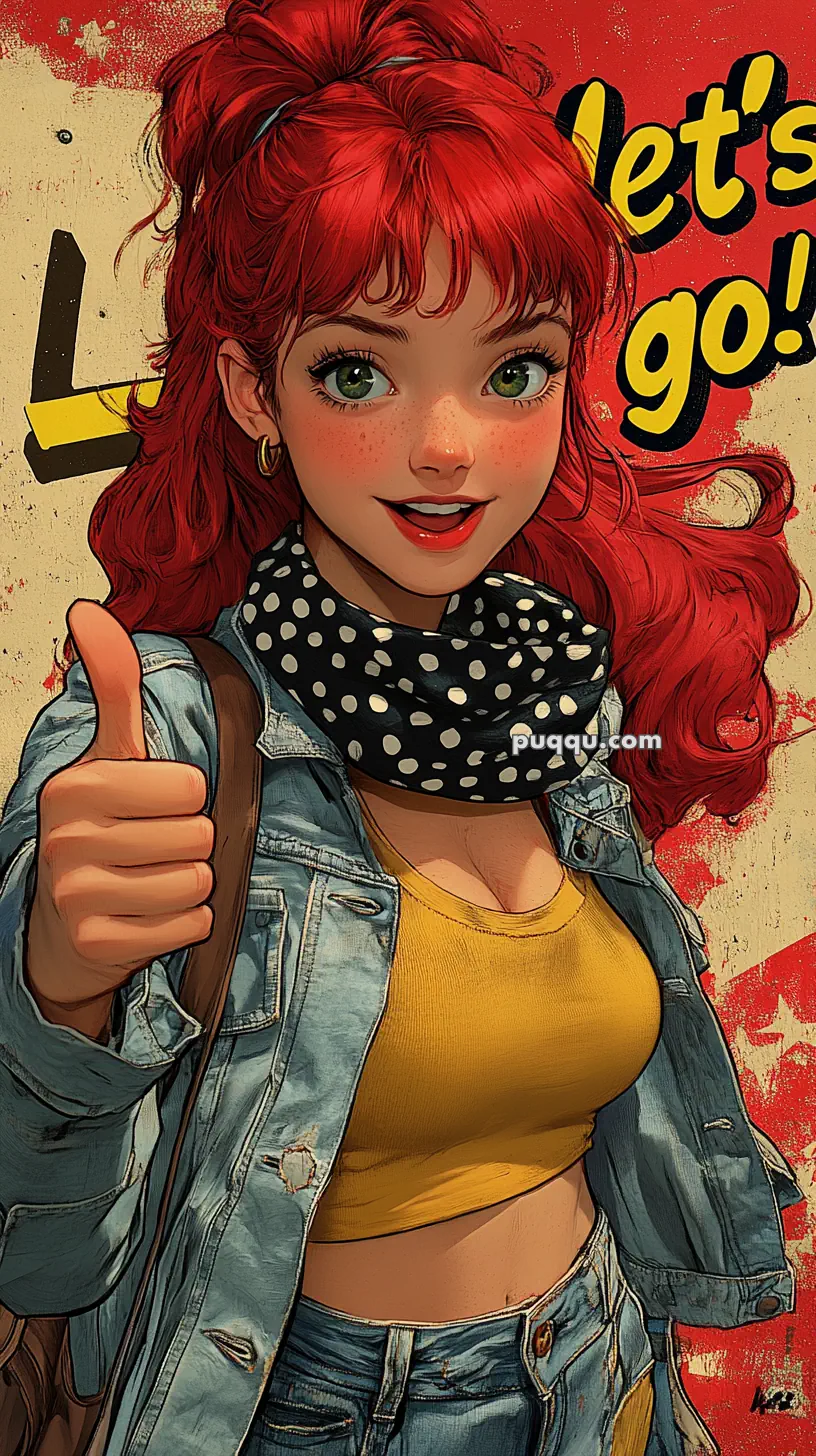 Smiling animated character with red hair, wearing a denim jacket, yellow top, and a polka dot scarf, giving a thumbs-up.