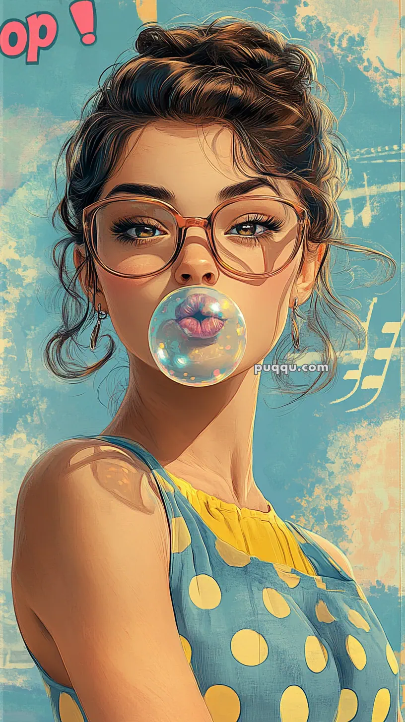 Illustration of a woman with glasses blowing a bubblegum bubble, wearing a polka dot dress against a colorful background.