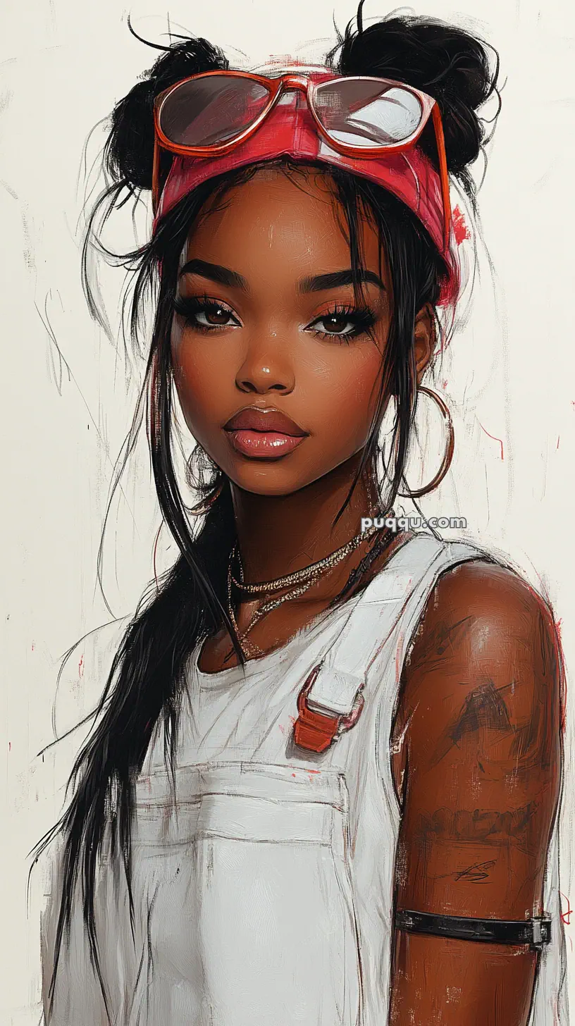 A digital painting of a young woman with long dark hair tied in buns, wearing a red headband with goggles, white overalls, and multiple necklaces.