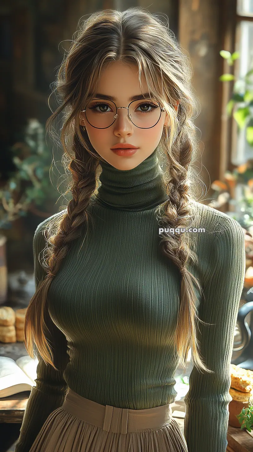 AI-generated image of a young woman with braided hair, wearing glasses and a green turtleneck in a cozy indoor setting with plants and books.