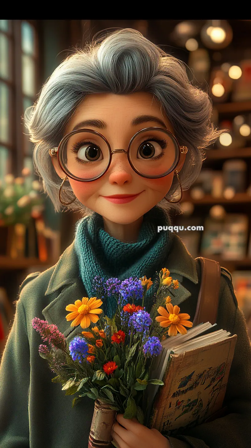 Animated character with gray hair, large glasses, and a cheerful expression, holding a colorful bouquet and a book.