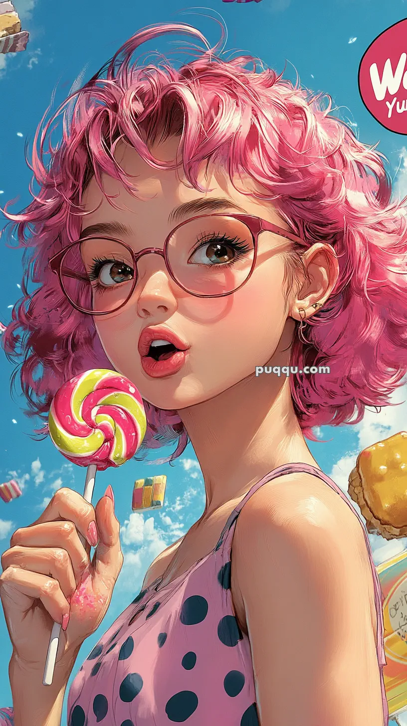 Anime-style illustration of a girl with pink curly hair and glasses, holding a colorful lollipop.