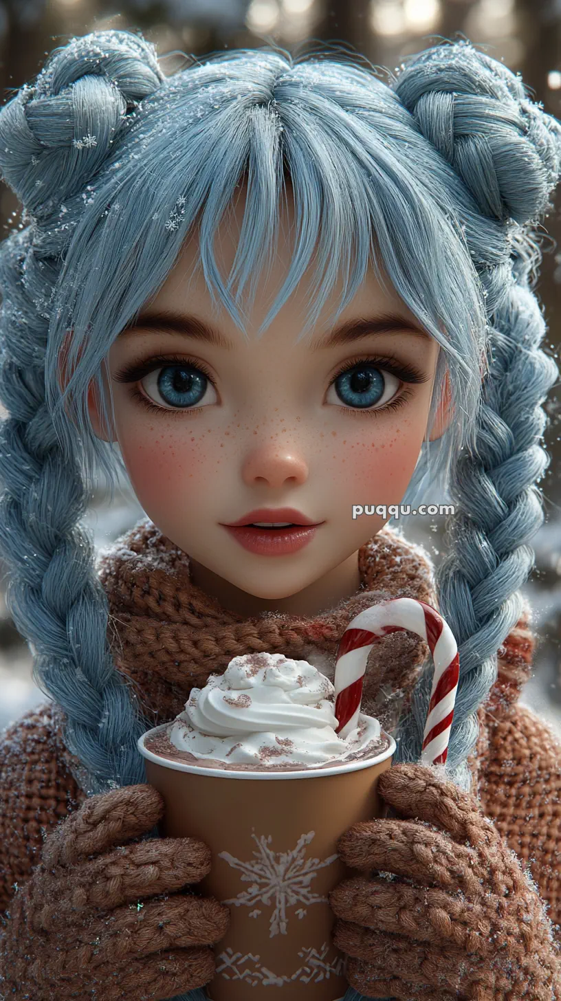 A digital illustration of a character with blue braided hair, holding a hot beverage with whipped cream and a candy cane, wearing a knitted sweater, in a snowy setting.