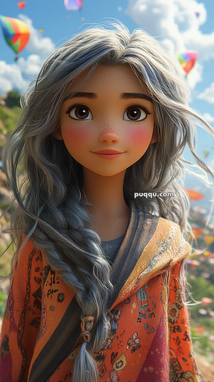 Animated character with long, braided silver hair, wearing a colorful patterned jacket, standing outdoors with kites in the sky.