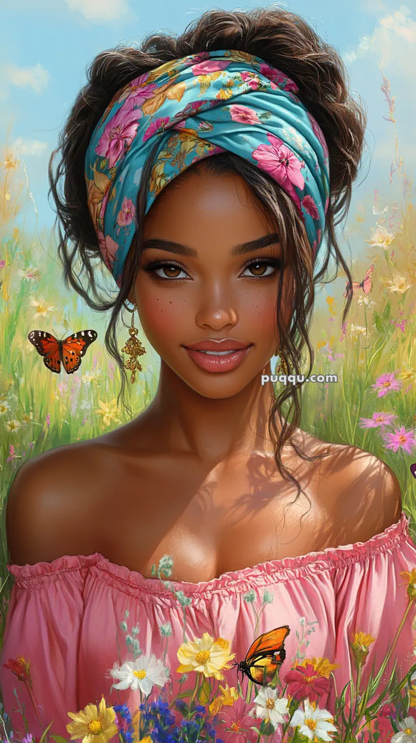 A woman with a floral headscarf and off-the-shoulder pink top is surrounded by butterflies and flowers.