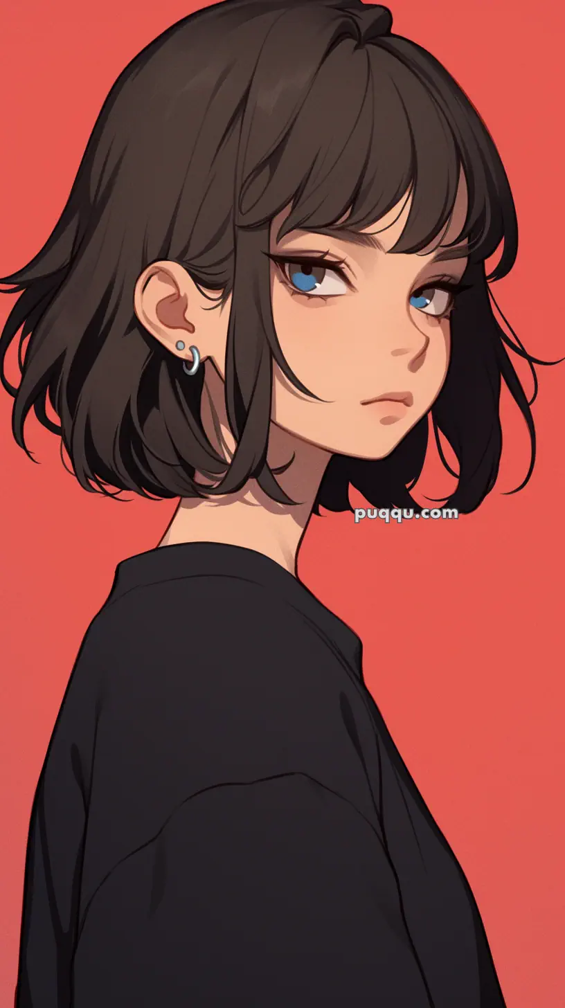 Anime-style illustration of a person with short black hair and blue eyes, wearing a black shirt, set against a red background.