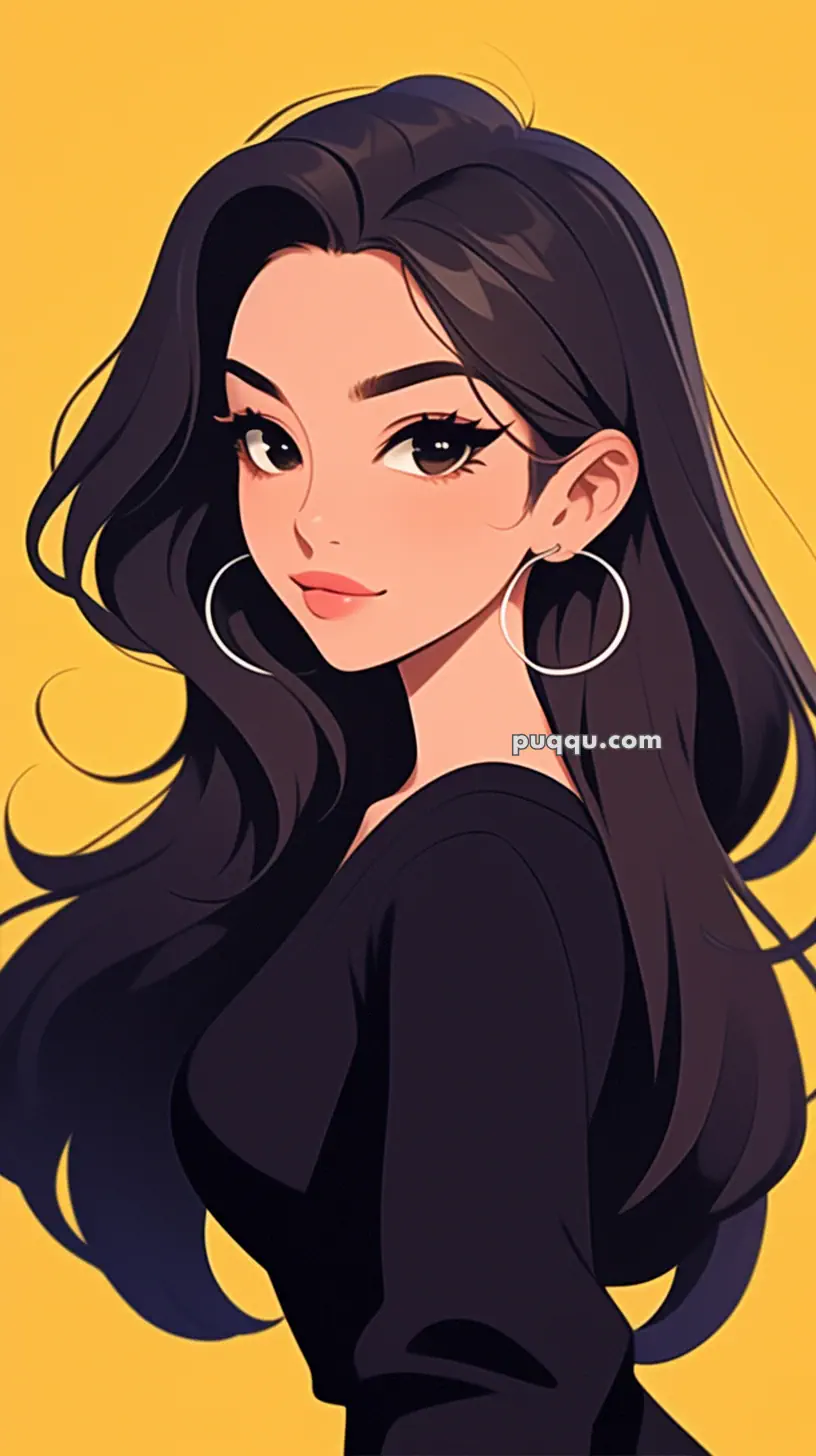 Illustration of a woman with long black hair, wearing hoop earrings and a black top, against a yellow background.