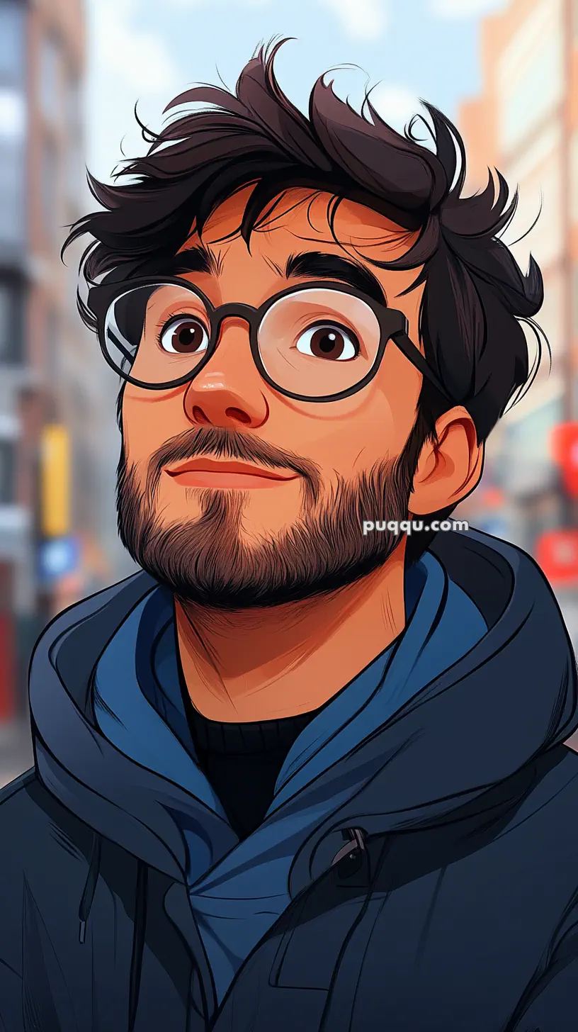 A cartoon illustration of a man with glasses, a beard, and tousled hair, wearing a dark hoodie.