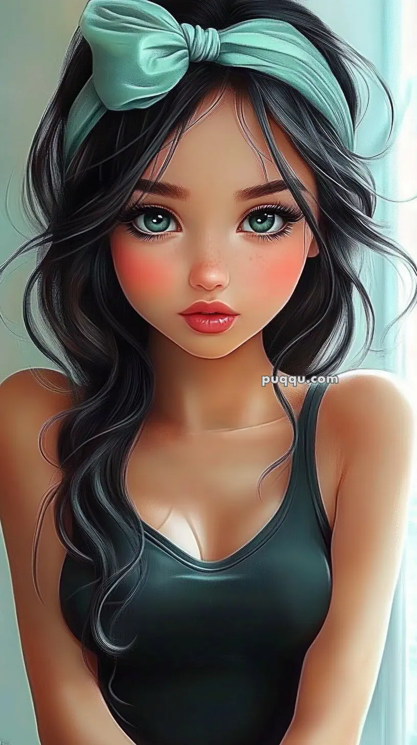 A digital illustration of a woman with large eyes, long dark hair, wearing a teal headband and a dark tank top.