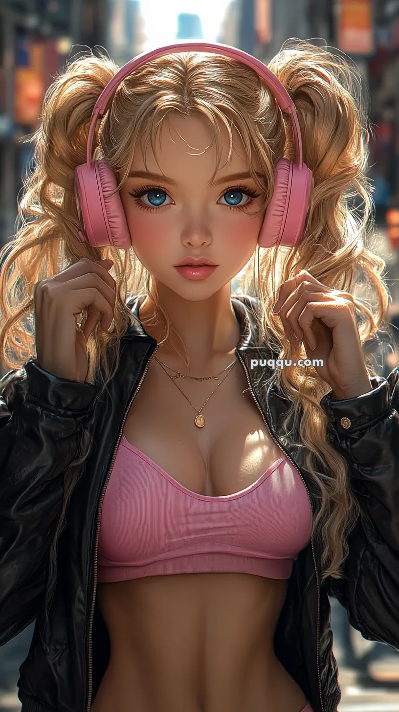 A stylized illustration of a woman with long blonde hair wearing pink headphones, a pink top, and a black jacket.