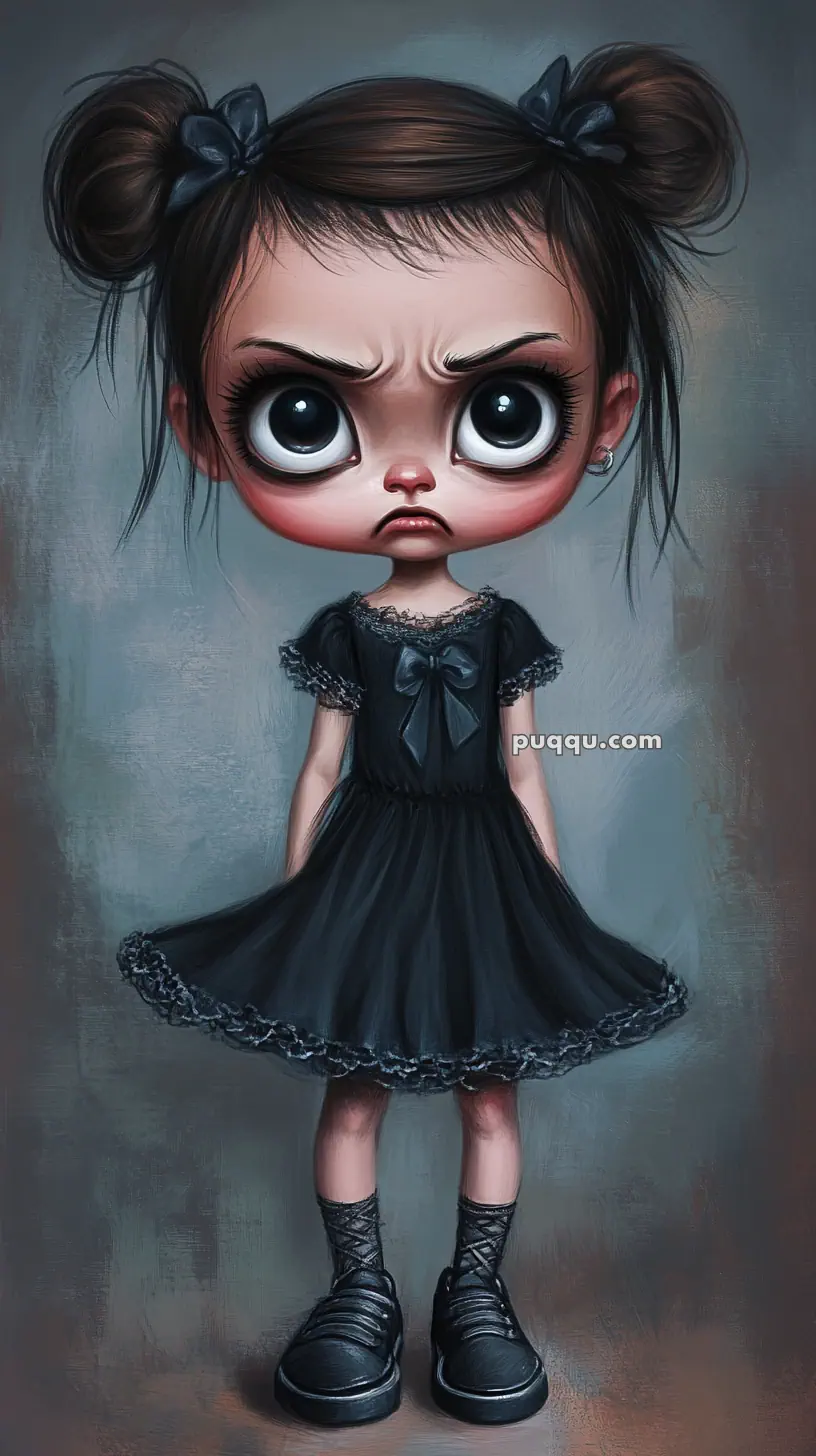 A cartoon illustration of a girl with large eyes, wearing a black dress and shoes, with her hair in buns and an angry expression.